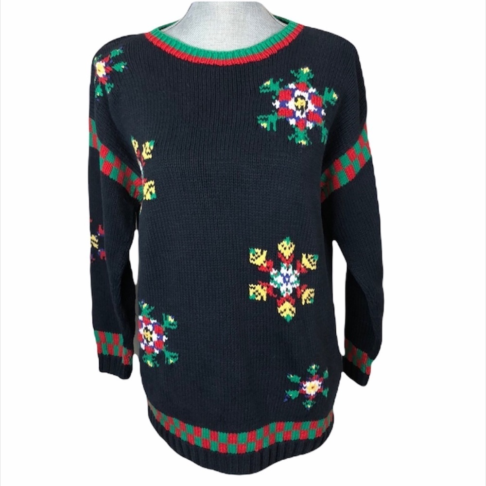 Vintage Cambridge Dry Goods Chunky Hand Knit Holiday Sweater Sz Small Snowflakes
